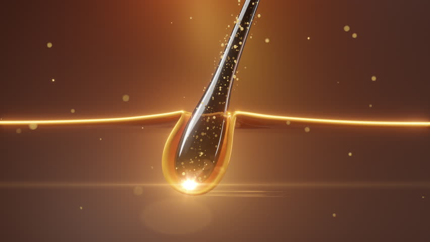 3D animation of a glowing golden serum drop nourishing a hair root. Perfect for cosmetic ads, hair care promotions, and premium skincare content.