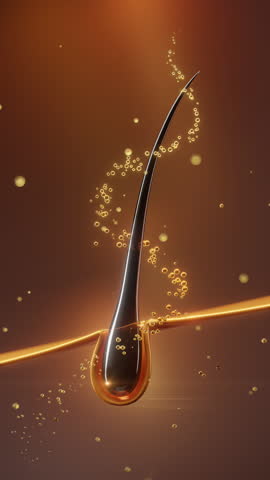 3D animation of a glowing golden serum drop nourishing a hair root. Perfect for cosmetic ads, hair care promotions, and premium skincare content.