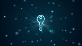 Motion graphic of a luminous key icon surrounded by digital data streams in a futuristic interface, symbolizing encrypted access, secure networks, and modern cyber protection systems. - Powered by Shutterstock - Get 15% off with code: PIKWIZARD15