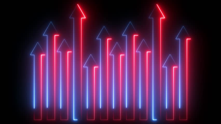 Glowing neon red and blue color direction up arrows icon animation road signal sign help information upward arrows traffic sign roadside sign symbol on black background	