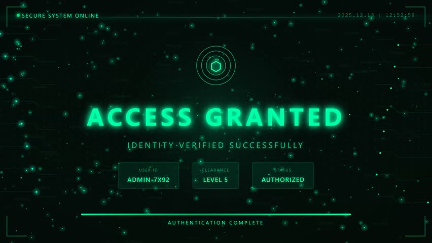 Access Granted Futuristic Biometric Security Authentication Success Cyber Terminal HUD Animation 4K