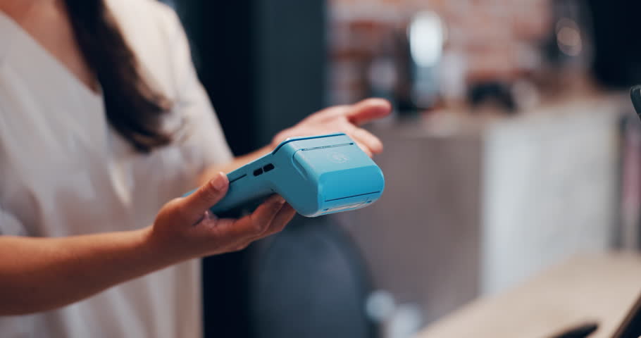 Person, hands and pos machine with credit card for payment, fintech or wireless transaction in shop. Closeup, people or customer paying with debit tap or NFC for easy banking or checkout in store