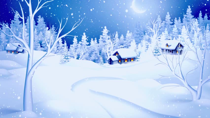 The snowman adds charm and whimsy, dressed in traditional winter attire and complementing the sparkling text above. Soft snowflakes gently falling across the scene create a sense of movement and holid