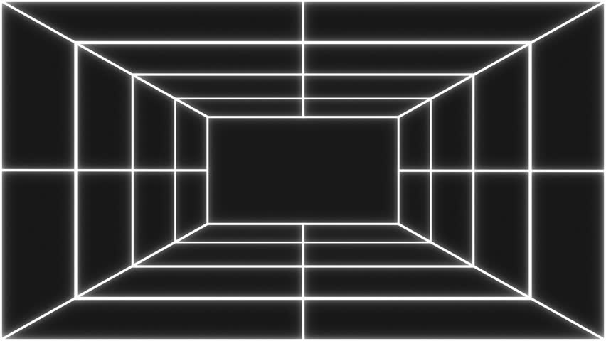 Abstract digital illustration featuring a glowing white neon grid creating a deep perspective tunnel effect against a solid black background. Ideal for technology, sci-fi, or futuristic concepts.