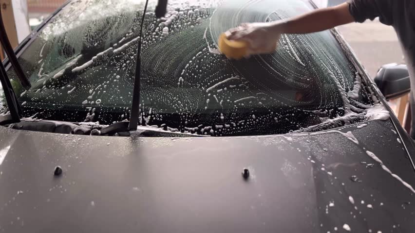 Wash the car by using a sponge to scrub the windshield.