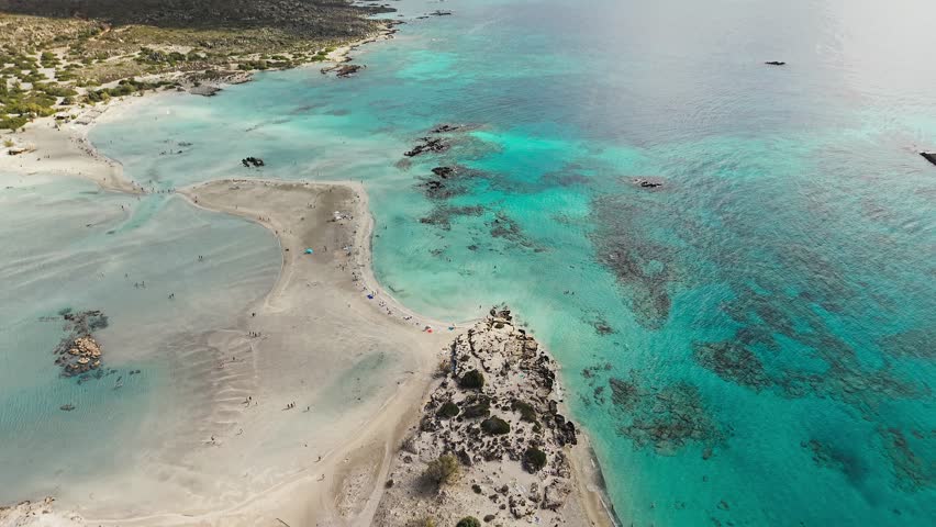 Aerial view of Elafonissi beach, Crete, Greece and the white and pink sand