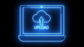 A blue neon laptop displaying a cloud with an arrow and the word UPLOAD against a black background - Powered by Shutterstock - Get 15% off with code: PIKWIZARD15