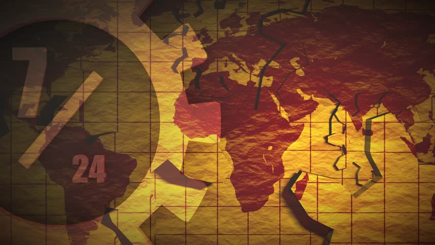 Time operation mode in rotating gear against a world map. Customer support and retail. Seven days twenty four hour.