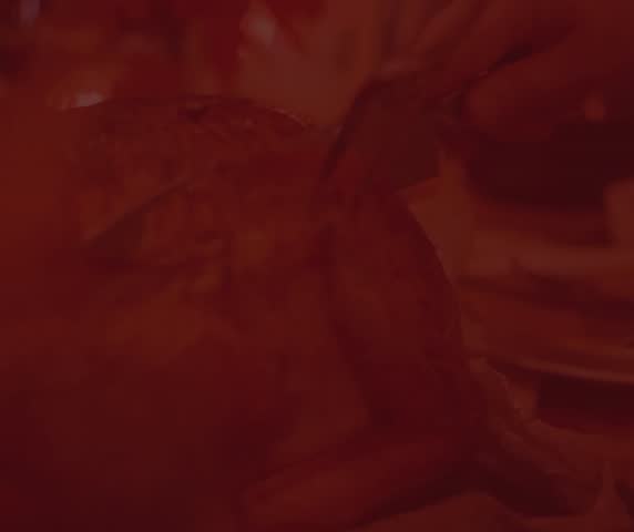 A warm, festive Happy Thanksgiving greeting video featuring elegant white script text over a dark, blurred background of a carved roast turkey being served. Ideal for corporate holiday wishes.