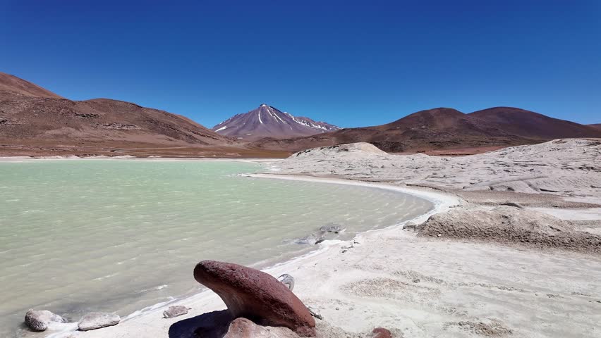 San Pedro de Atacama, Chile: Panorama footage of Miñiques volcano, aguas caliente and salar del Carmen from Piedras Rojas view point near San Pedro de Atacama, Chile