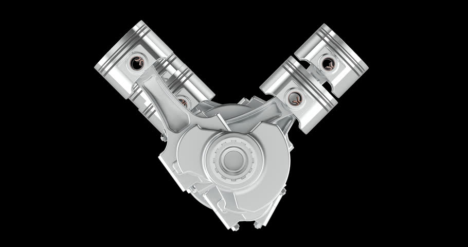 V6 engine piston and crankshaft rotation animation seamlessly loopable. 3D rendering isolated on transparent background