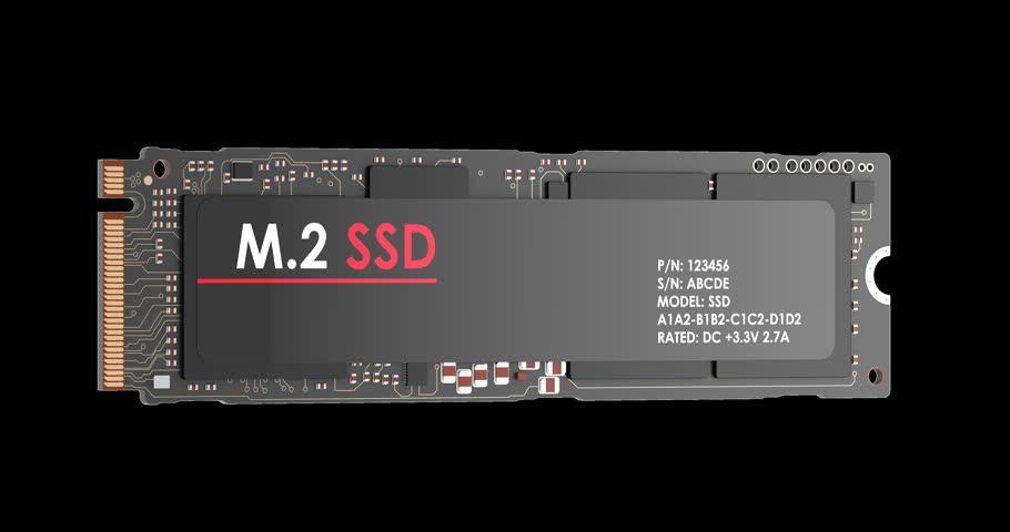 M.2 SSD solid-state drive rotation animation seamlessly loopable. 3D rendering isolated on transparent background
