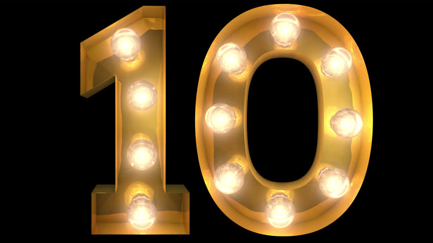 Burlesque retro style glowing Gold light bulb typeface count down with alpha channel