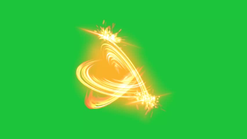 Energetic orange light streaks and sparks swirl and flash on a green screen. Dynamic motion effect