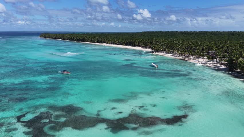 Isla Saona At Punta Cana In La Altagracia Dominican Republic. Caribbean Skyline. Beach Landscape. Native Coconut Trees. Isla Saona In Punta Cana In Dominican Republic. Nature Seascape.