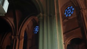 Ancient Cathedral Showcasing Grand Stained Windows And Tall Pillars, Interior Of Old Sacred Building Featuring Majestic Stained Glass Artwork And Soaring Archways With Intricate Design Details - Powered by Shutterstock - Get 15% off with code: PIKWIZARD15