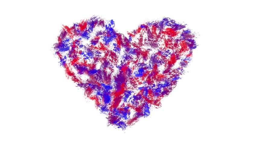 Multicolor heart shape with thick red blue purple brush texture on a white background, Stop motion animation of fast shaking rough paint strokes for Valentines Day