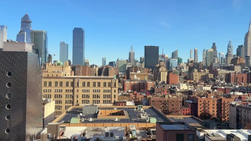 Ariel view of the New York city. The camera pans from left to right.