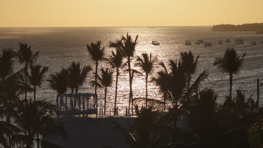 Sunrise Beach At Bavaro In Punta Cana Dominican Republic. Sunrise Skyline. Beach Landscape. Resorts Buildings. Sunrise Beach In Bavaro In Punta Cana Dominican Republic. Nature Background.