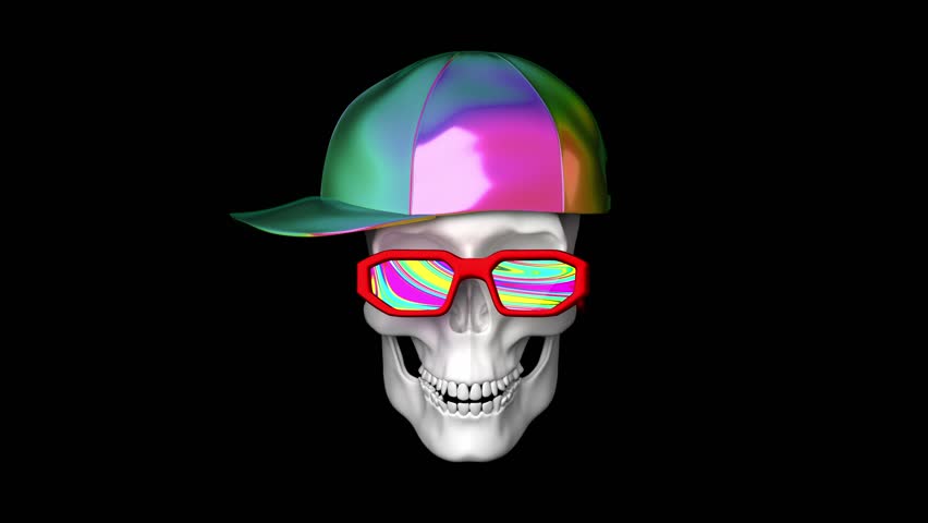 A skull is styled with a shiny, colorful cap and oversized sunglasses that reflect vivid patterns sing rap. Loop animation. any endless song overlay