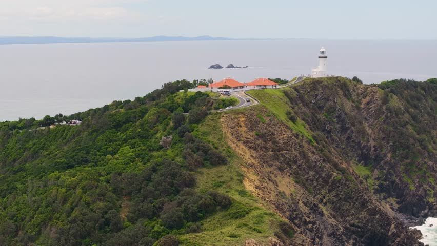 Scenic aerial views of the Cape Byron Lighthouse from Tallow beach and the most easterly point of mainland Australia