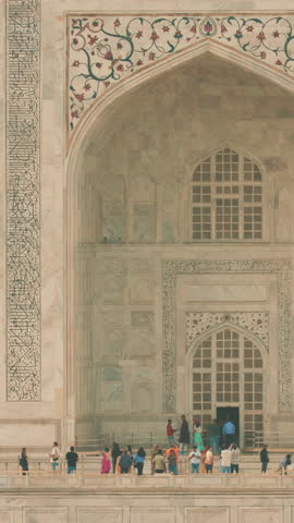 Taj Mahal In Agra, Uttar Pradesh, India. Fabulous Taj Mahal Travel Concept. Close Up Of Entrance Details. Timelapse Of Taj Mahal. Seven World Wonders. Heritage. Crowds Of Tourists Visit Taj Mahal.