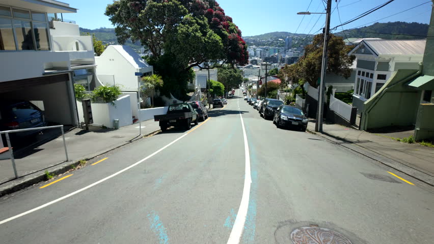 Walking Down Steep City Street In Wellington New Zealand