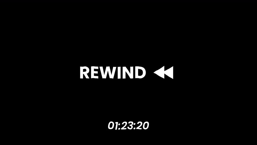 Retro VHS rewind overlay with bold rewind text and analog static on black background creating dark nostalgic glitch mood in 4K Overlay