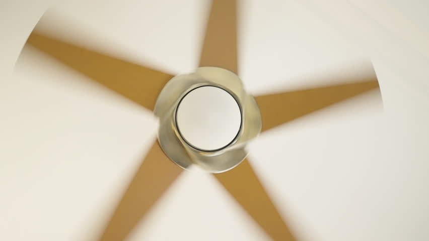 Overhead view of a contemporary five-blade ceiling fan spinning, blades forming a starburst blur around a metallic light hub, suggesting airflow, symmetry, interior design