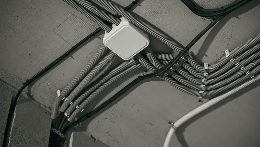 Industrial Ceiling Setup Equipped With Junction Box And Numerous Conduit Pathways For Cables