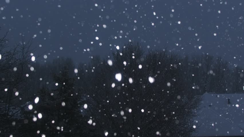 Snow falling slowly on a dark January evening with snow covered rooftops and trees in the background 4k