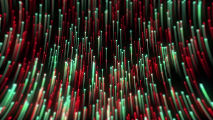 A mesmerizing video of red and green glowing lines rapidly moving on a black background