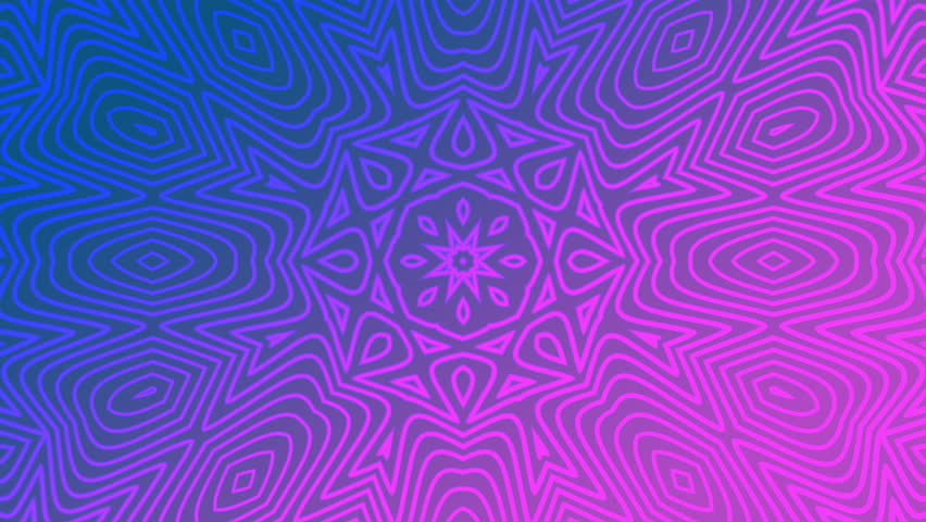 Vibrant abstract geometric line art creating a hypnotic, symmetrical mandala pattern over a vivid blue and magenta gradient background.