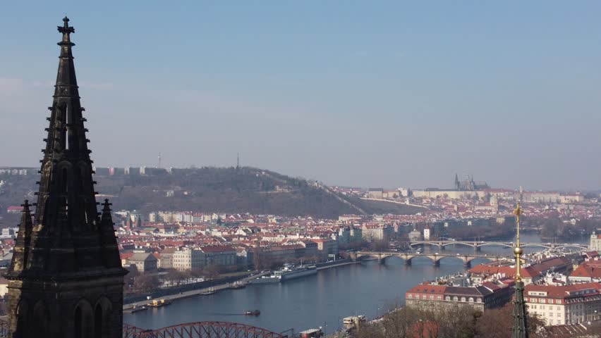 View of Prague castle with the Vysehrad cathedral aerial drone video