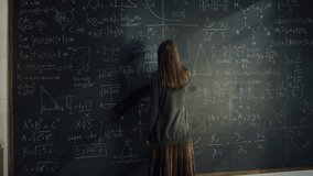 Back view of a woman writing math formulas on a blackboard, getting frustrated and wiping them, portraying stress, problem-solving, and scientific work. - Powered by Shutterstock - Get 15% off with code: PIKWIZARD15