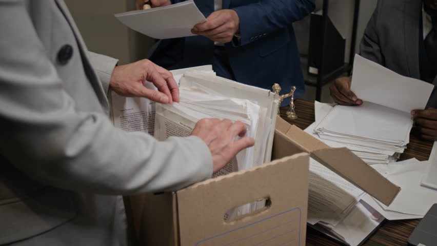 Medium shot of hands of anonymous female lawyer looking through legal documents in archive box, analyzing for court precedents, while working late in office with male colleagues