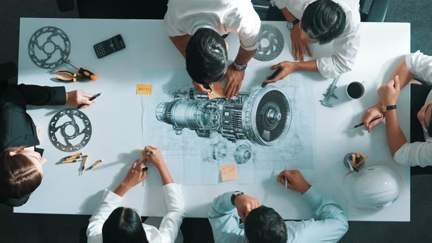 Top view of engineer team writing idea on sticky notes at meeting while discussing about turbine engine or electric generator at meeting table with metal gear, calculator and equipment. Alimentation.