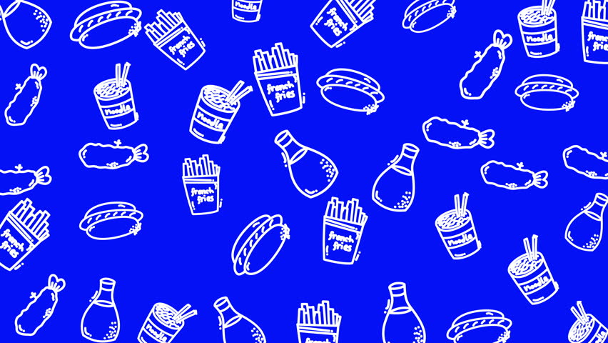Blue and white fast food pattern on background. Perfect for restaurant menus, food blogs, and social media posts about dining out.