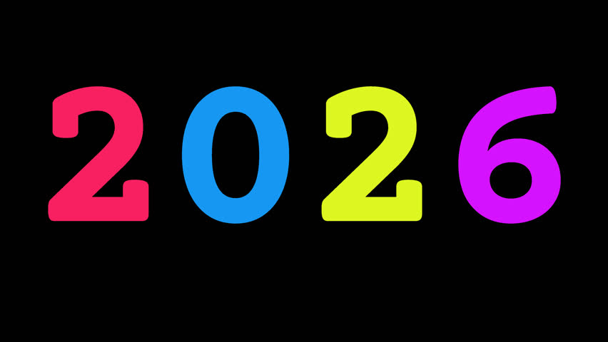 Large Colorful Phrase 2026 appearing one letter at a time drawn by a spark on a transparent background horizontal layout