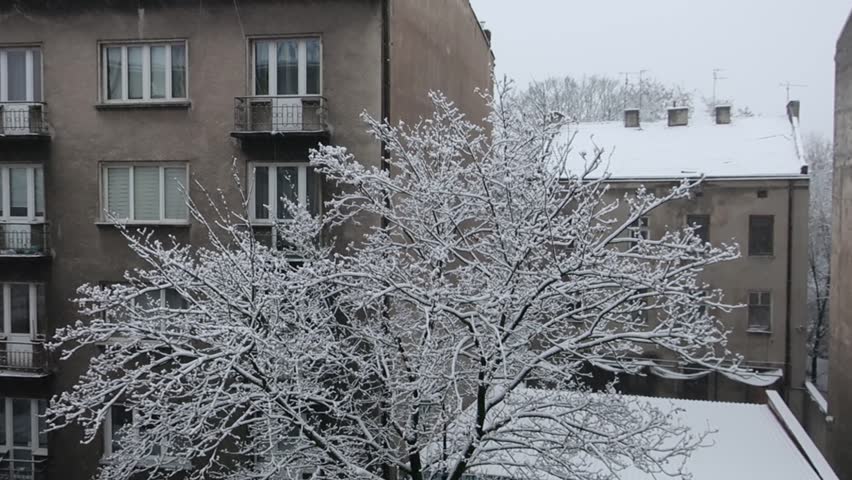 Kraków, Poland. Mazowiecka street covered in snow