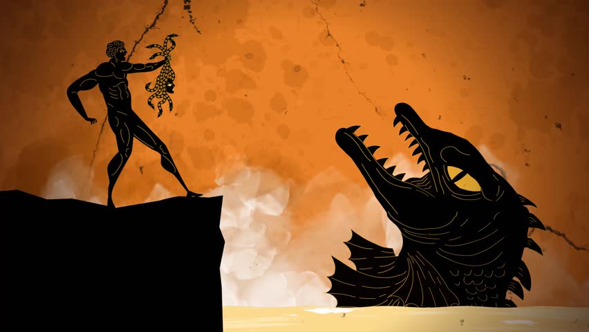 perseus turning the sea monster cetus into stone using the head of medusa