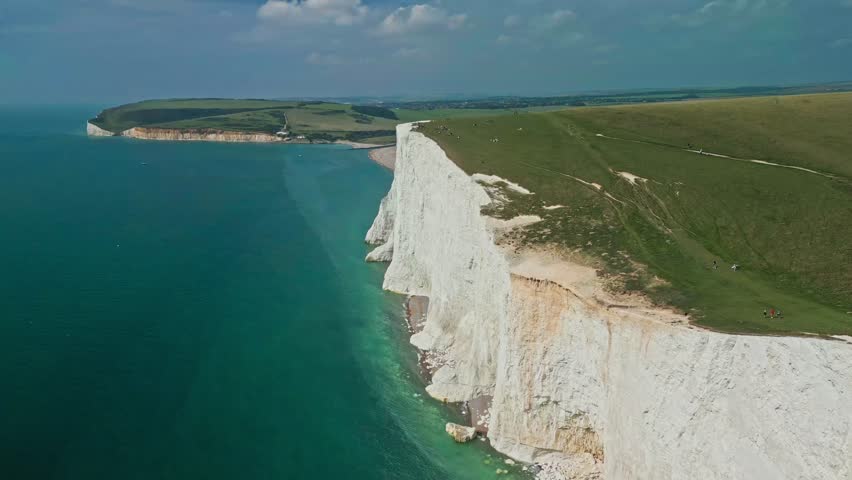 Aerial drone view over the famous, white cliffs of The Seven Sisters Dover, south England.