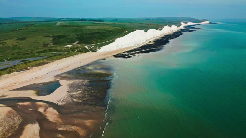 Aerial drone view over the famous, white cliffs of The Seven Sisters Dover, south England.