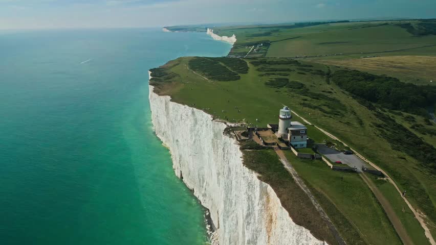 Aerial drone view over the famous, white cliffs of The Seven Sisters Dover, south England.