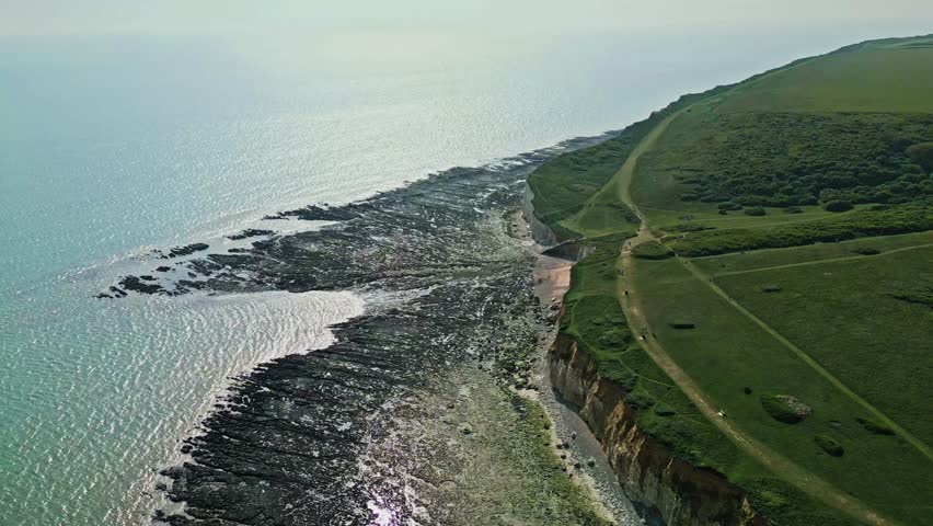 Aerial drone view over the famous, white cliffs of The Seven Sisters Dover, south England.