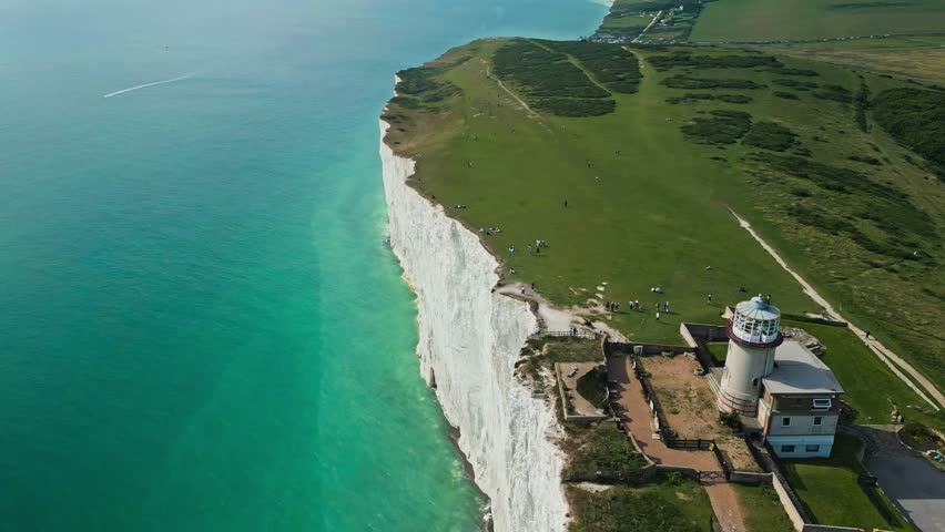 Aerial drone view over the famous, white cliffs of The Seven Sisters Dover, south England.