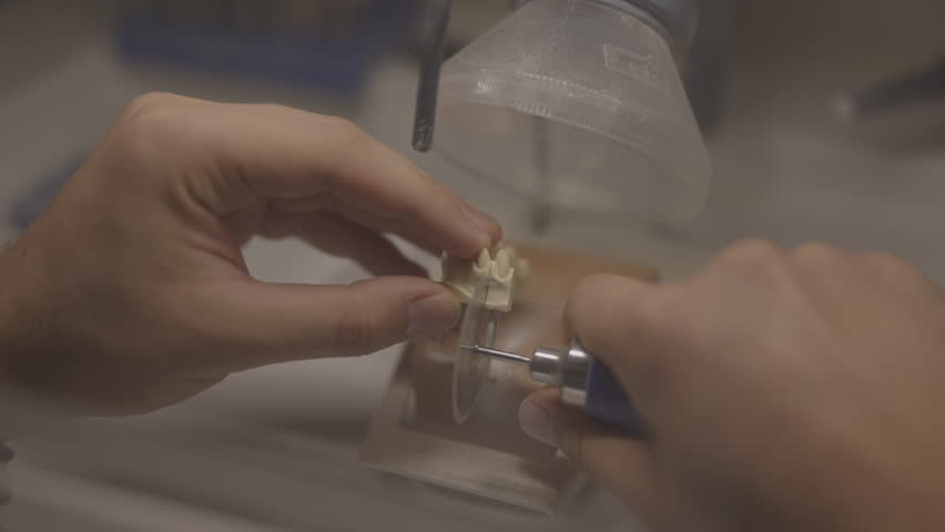 closeup hands polishing dental crown under ventilation hood, rotary handpiece refines surface and contours, technician performs