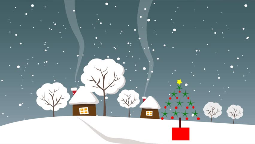 Christmas scene with happy Christmas penguin, landscape with snowfall and houses
