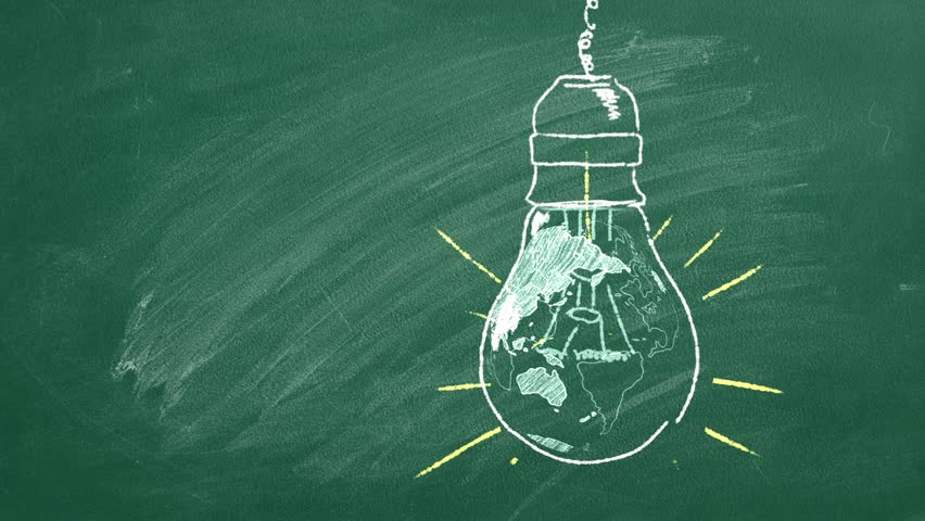 A light bulb with a globe inside, drawn in chalk on a school board. Earth hour concept. Save the world. Save our planet.