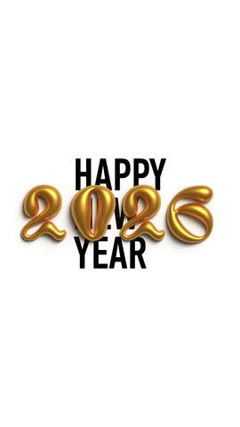 Vertical 4K animation video. Gold shiny bright shining hand drawn 3D liquid volumetric numbers 2026 falling on white background. Black text Happy New Year. 2, 0, 6. Winter holiday